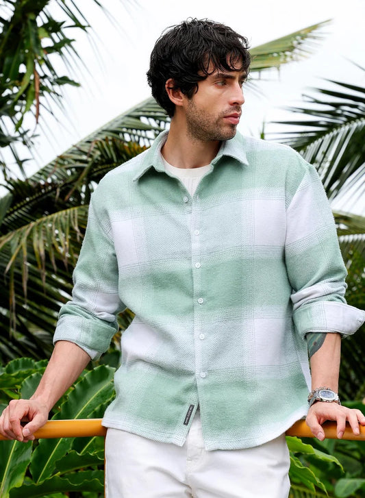 Men Vignette-Checkered Oversized Shirt | Spread Collar, Long Single-Button Cuff Sleeves | Button , Straight Hem | Plaid Twill | Woven Fabric For Casual & Daily Wear | Light Pistachio:Cream White