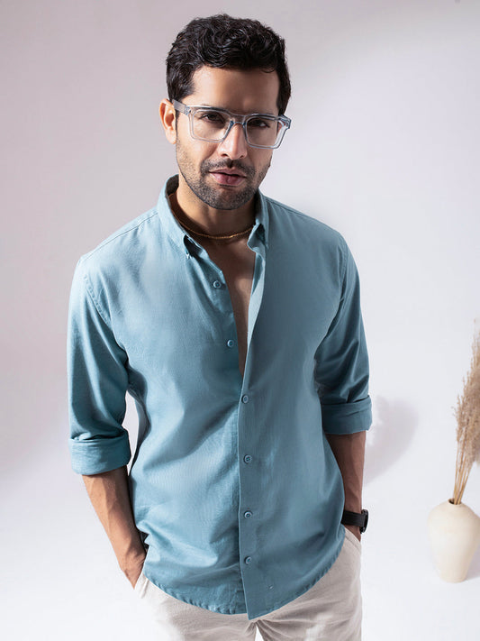 Aqua Blue Linen Blend Shirt