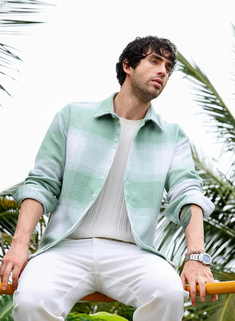 Men Vignette-Checkered Oversized Shirt | Spread Collar, Long Single-Button Cuff Sleeves | Button , Straight Hem | Plaid Twill | Woven Fabric For Casual & Daily Wear | Light Pistachio:Cream White