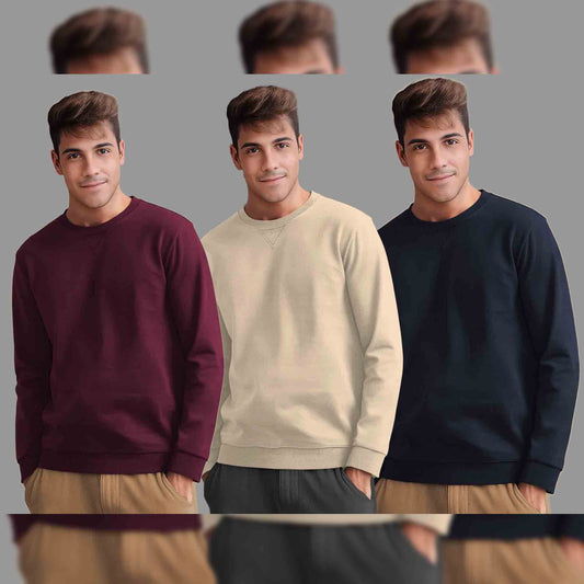(Pack Of 3) Mens Round Neck Plain Sweatshirts Multicolor