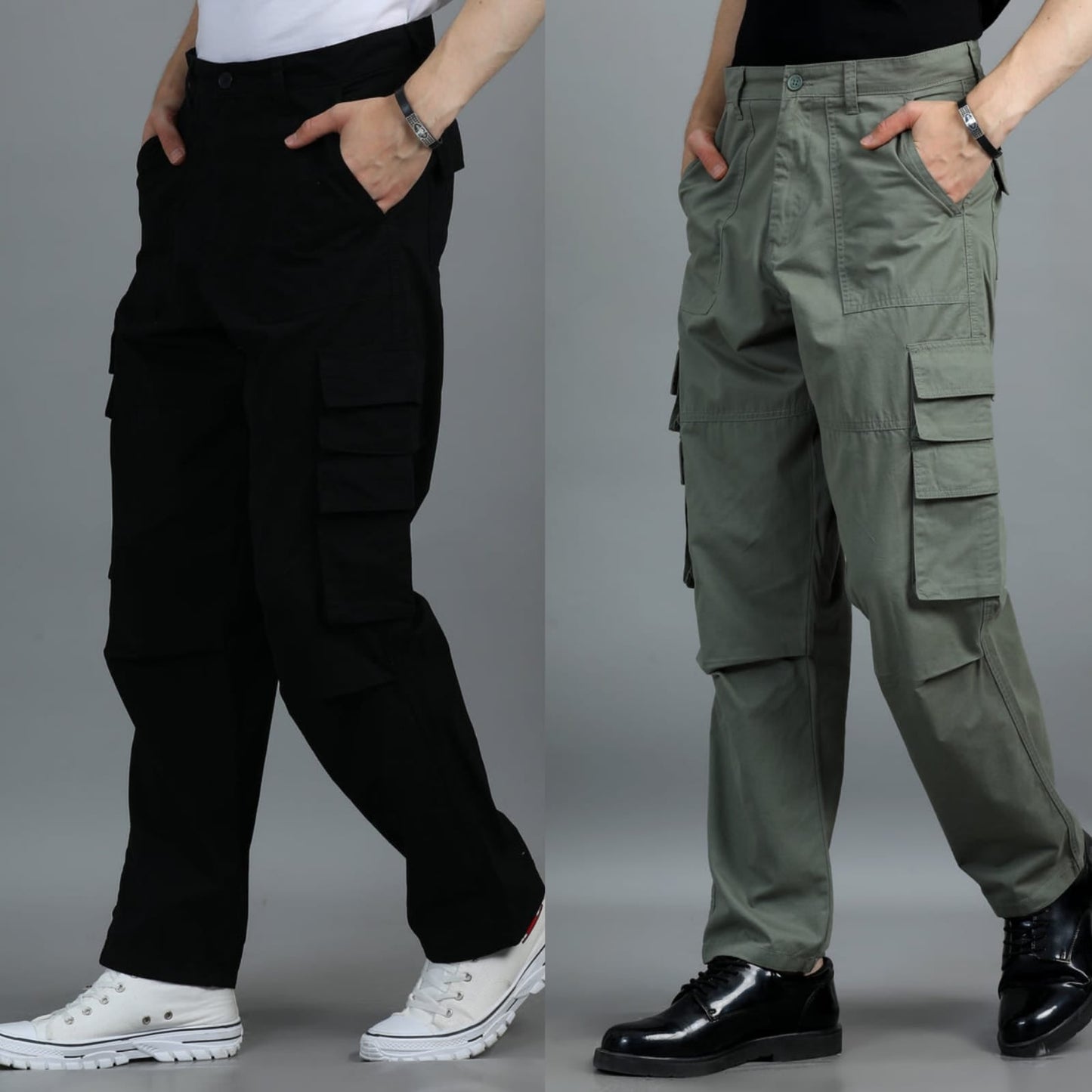 Pack of 2 Cotton Relaxed Fit Cargo Trousers, Black Moss Green