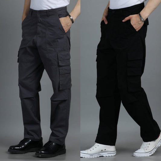 Pack of 2 Cotton Relaxed Fit Cargo Trousers, Charcoal Grey Black