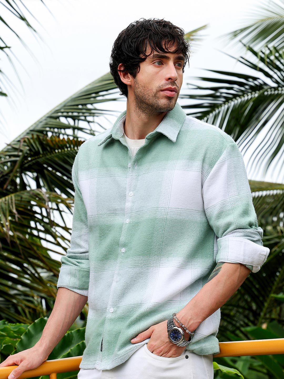 Men Vignette-Checkered Oversized Shirt | Spread Collar, Long Single-Button Cuff Sleeves | Button , Straight Hem | Plaid Twill | Woven Fabric For Casual & Daily Wear | Light Pistachio:Cream White