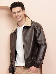 Men’s Brown Leather Jacket with Fur Collar – Regular Fit