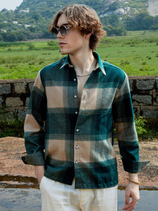 Men’s Green & Beige Checkered Casual Shirt