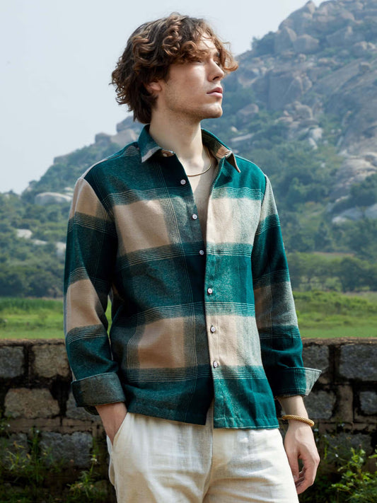 Men’s Green & Beige Checkered Casual Shirt