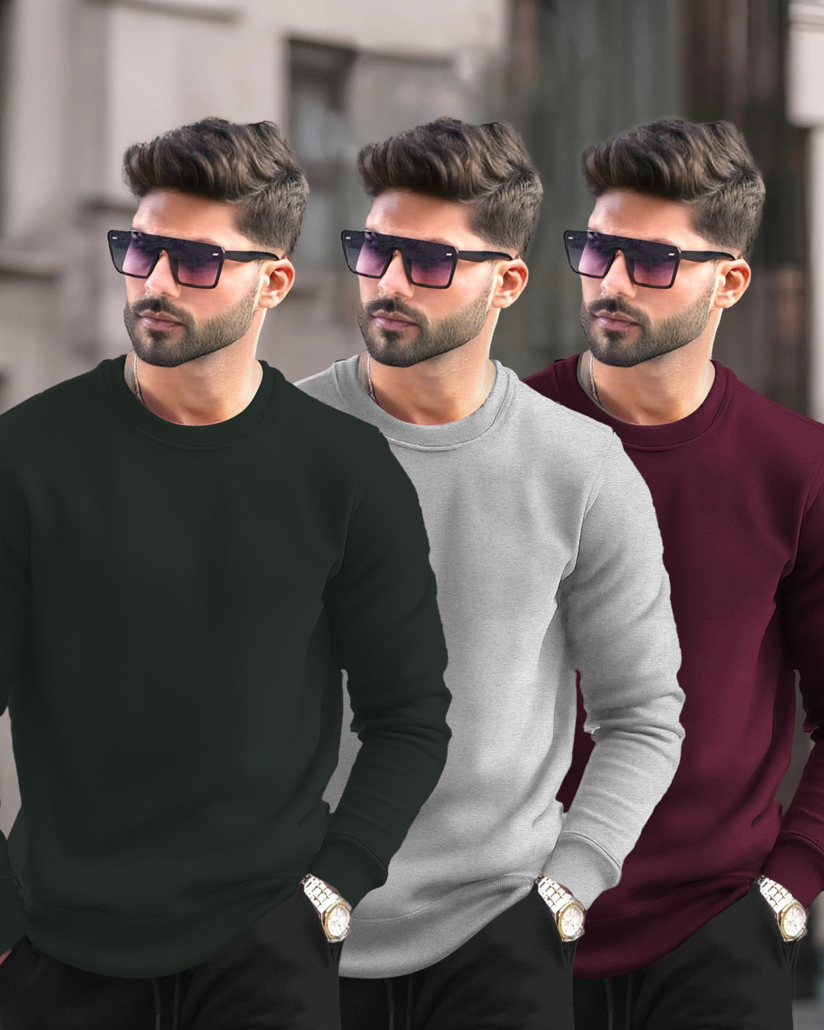 (Pack Of 3) Mens Round Neck Plain Winter Sweatshirts Olivegreen-Grey-Maroon