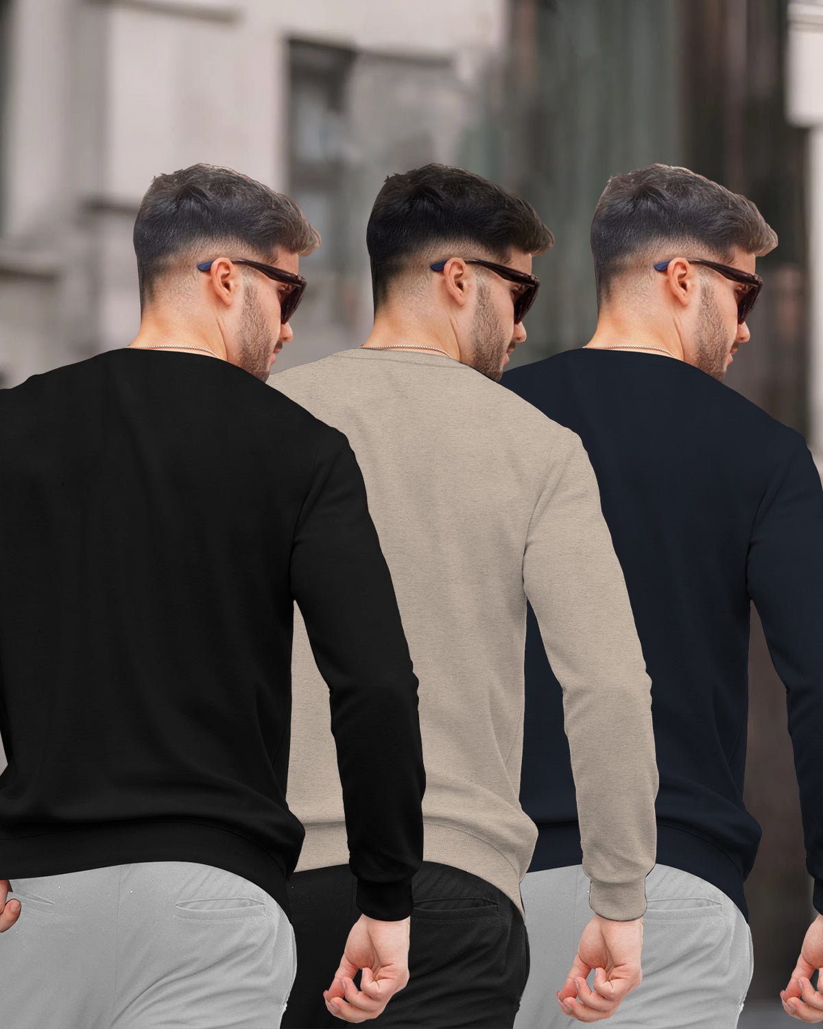 (Pack Of 3) Mens Round Neck Plain Winter Sweatshirts / Black-Beige-Navyblue